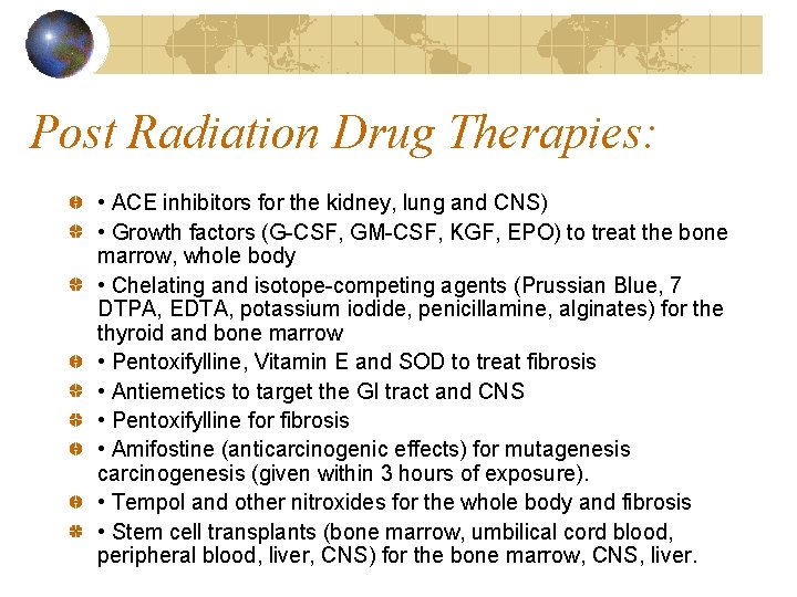 Post Radiation Drug Therapies: • ACE inhibitors for the kidney, lung and CNS) •