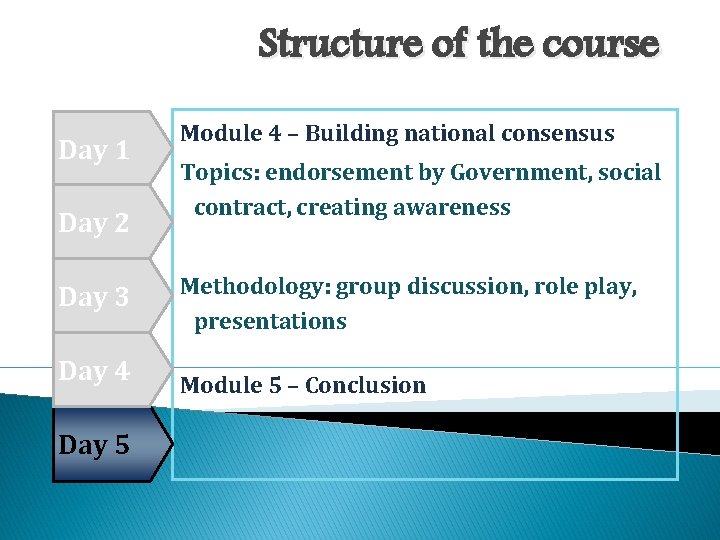 Structure of the course Day 1 Day 2 Day 3 Day 4 Day 5