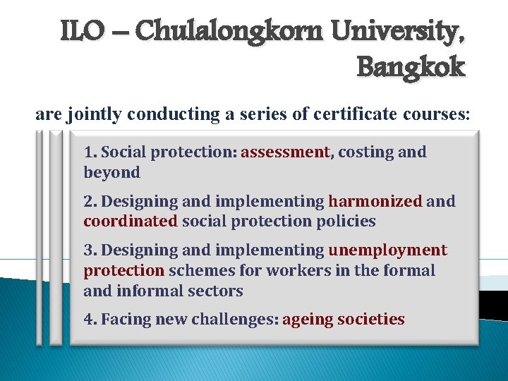 ILO – Chulalongkorn University, Bangkok are jointly conducting a series of certificate courses: 1.