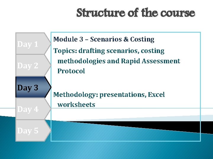 Structure of the course Day 1 Day 2 Day 3 Day 4 Day 5