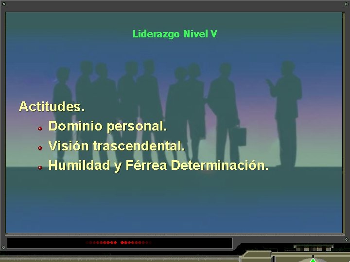 Liderazgo Nivel V Actitudes. Dominio personal. Visión trascendental. Humildad y Férrea Determinación. 