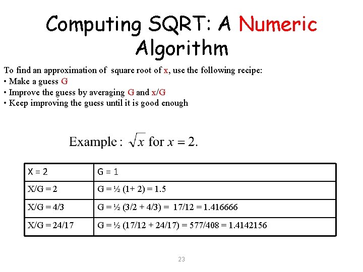 Computing SQRT: A Numeric Algorithm To find an approximation of square root of x, Computing SQRT: A Numeric Algorithm To find an approximation of square root of x,
