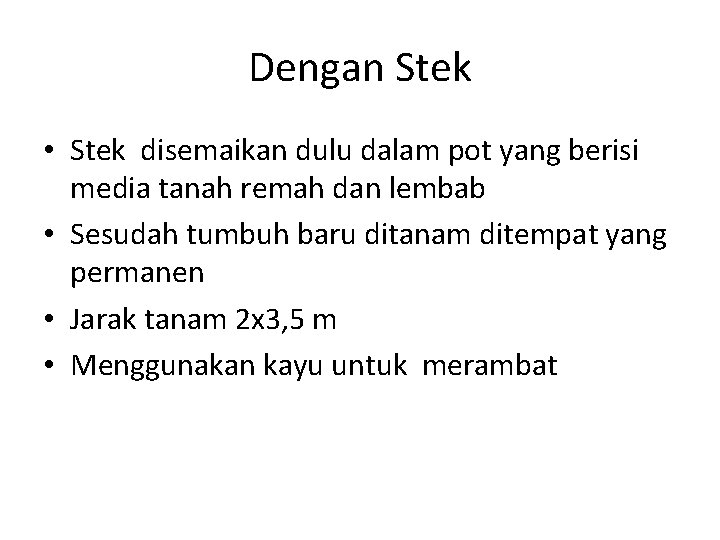 Dengan Stek • Stek disemaikan dulu dalam pot yang berisi media tanah remah dan