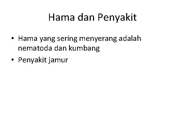 Hama dan Penyakit • Hama yang sering menyerang adalah nematoda dan kumbang • Penyakit