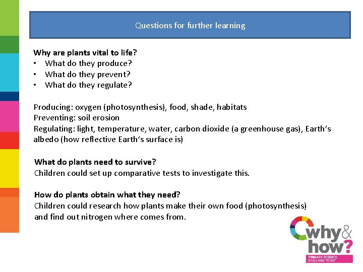 Questions for further learning Why are plants vital to life? • What do they