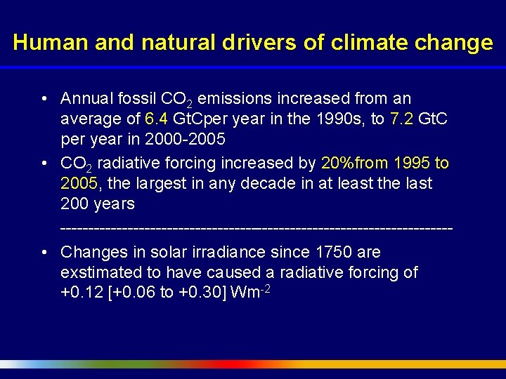 Human and natural drivers of climate change • Annual fossil CO 2 emissions increased
