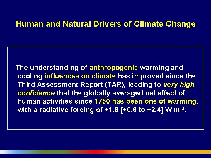 Human and Natural Drivers of Climate Change The understanding of anthropogenic warming and cooling