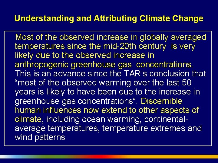 Understanding and Attributing Climate Change Most of the observed increase in globally averaged temperatures