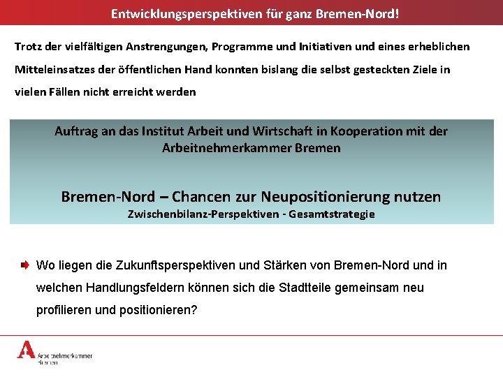 Entwicklungsperspektiven für ganz Bremen-Nord! Trotz der vielfältigen Anstrengungen, Programme und Initiativen und eines erheblichen