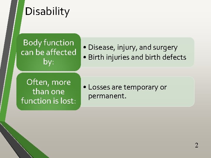 Disability Body function • Disease, injury, and surgery can be affected • Birth injuries