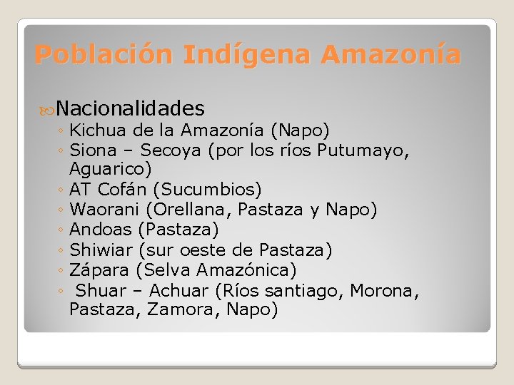 Población Indígena Amazonía Nacionalidades ◦ Kichua de la Amazonía (Napo) ◦ Siona – Secoya