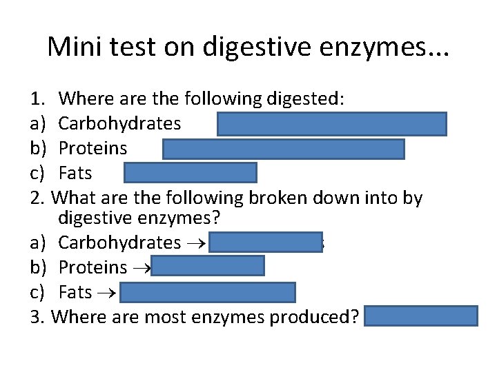 Mini test on digestive enzymes. . . 1. Where are the following digested: a)