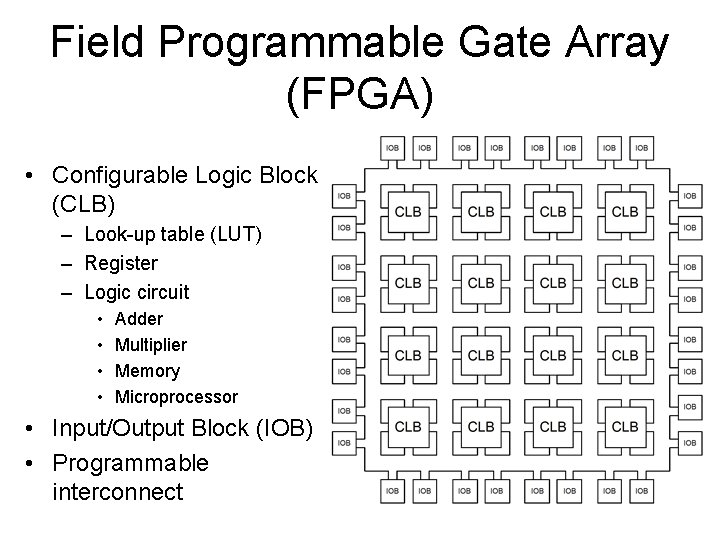 Field Programmable Gate Array (FPGA) • Configurable Logic Block (CLB) – Look-up table (LUT)