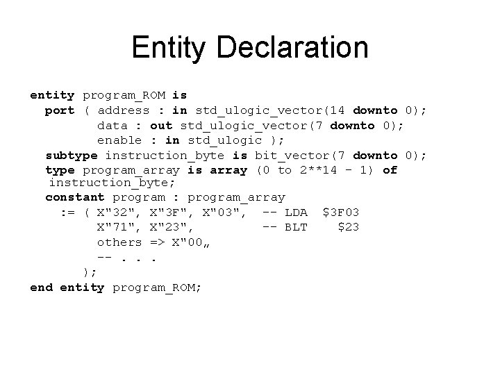 Entity Declaration entity program_ROM is port ( address : in std_ulogic_vector(14 downto 0); data