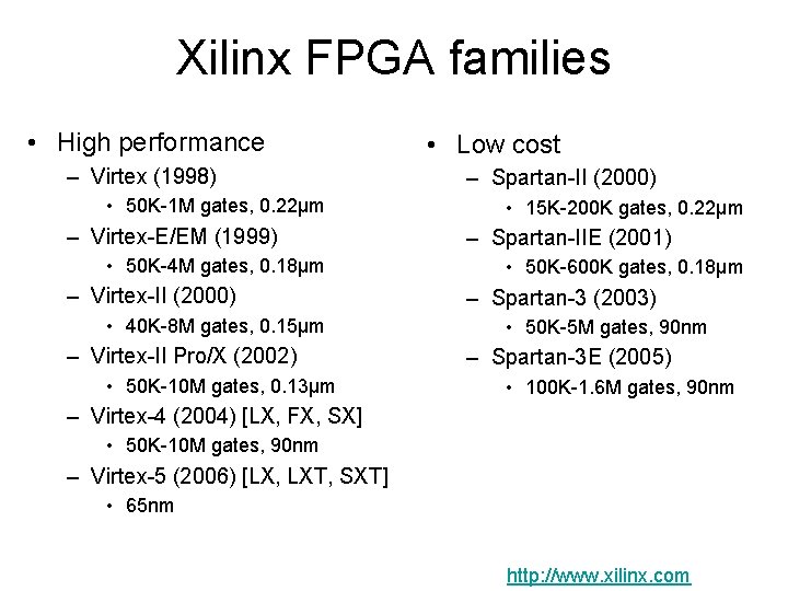 Xilinx FPGA families • High performance – Virtex (1998) • 50 K-1 M gates,