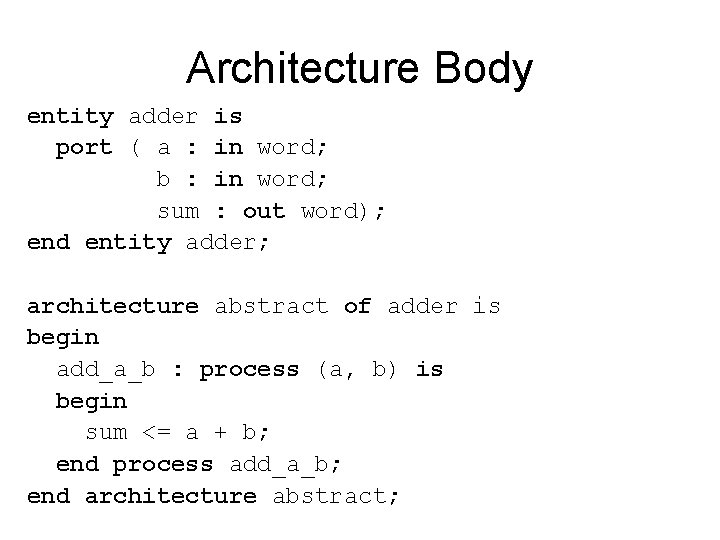 Architecture Body entity adder is port ( a : in word; b : in