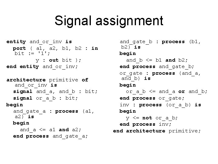Signal assignment entity and_or_inv is port ( a 1, a 2, b 1, b
