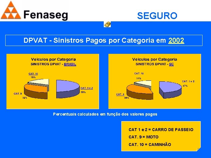 SEGURO OBRIGATÓRIO DPVAT - Sinistros Pagos por Categoria em 2002 Percentuais calculados em função