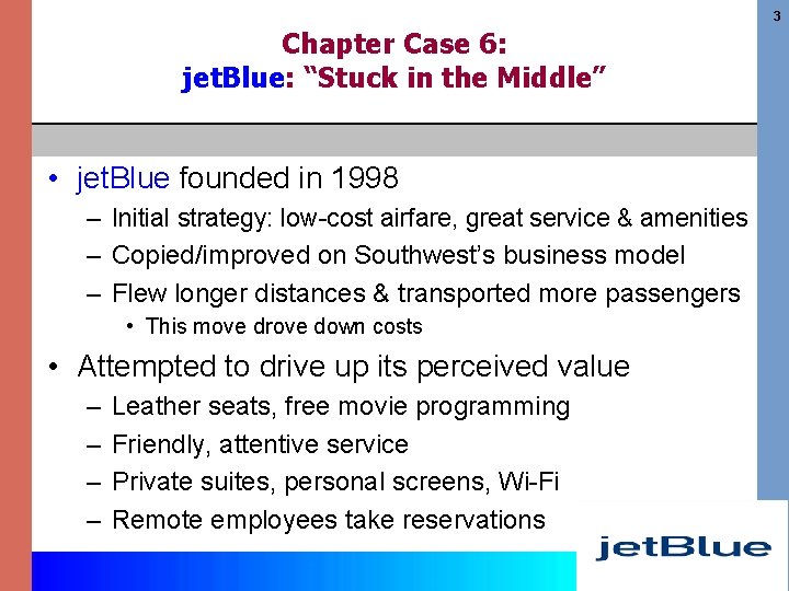 3 Chapter Case 6: jet. Blue: “Stuck in the Middle” • jet. Blue founded