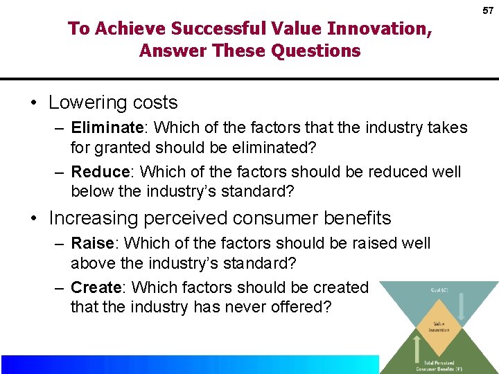 57 To Achieve Successful Value Innovation, Answer These Questions • Lowering costs – Eliminate: