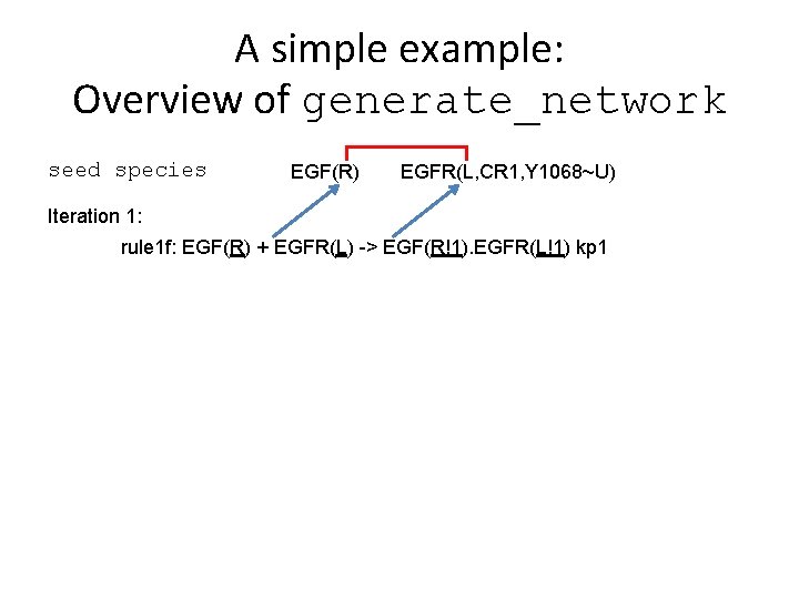 A simple example: Overview of generate_network seed species EGF(R) EGFR(L, CR 1, Y 1068~U)