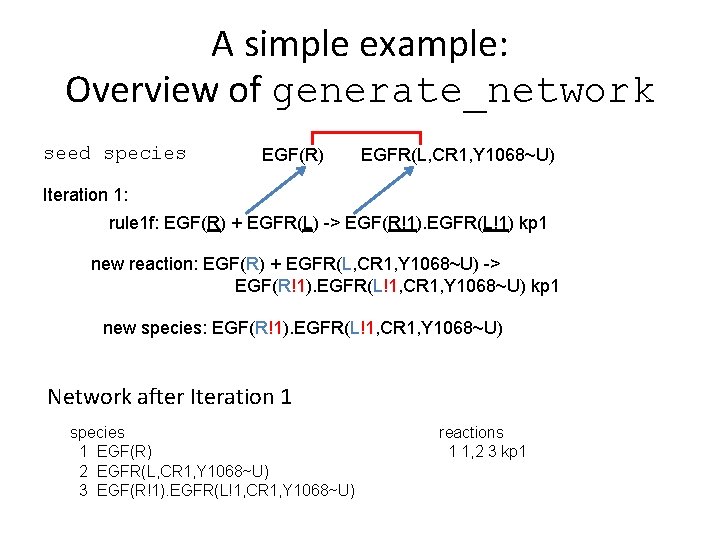 A simple example: Overview of generate_network seed species EGF(R) EGFR(L, CR 1, Y 1068~U)