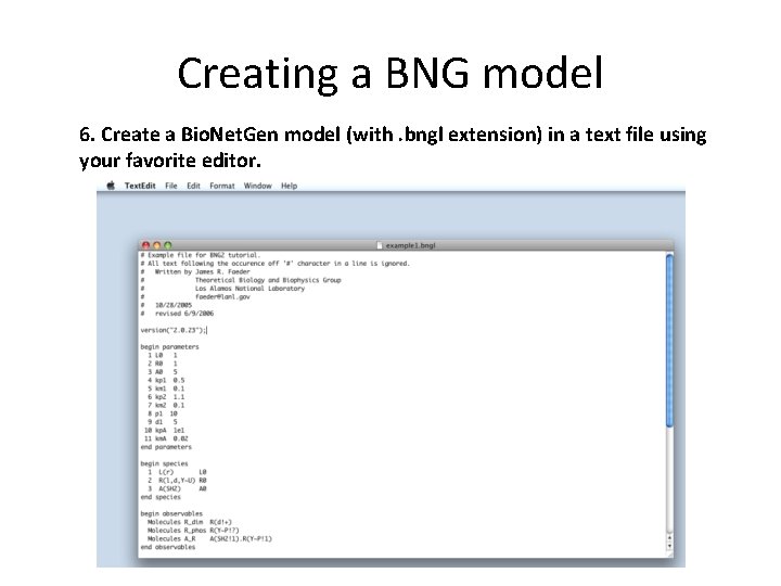Creating a BNG model 6. Create a Bio. Net. Gen model (with. bngl extension)