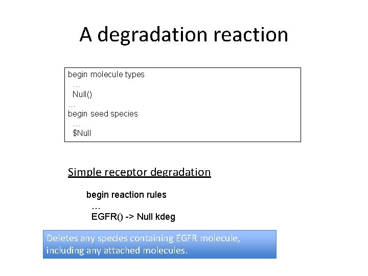 A degradation reaction begin molecule types … Null() … begin seed species … $Null