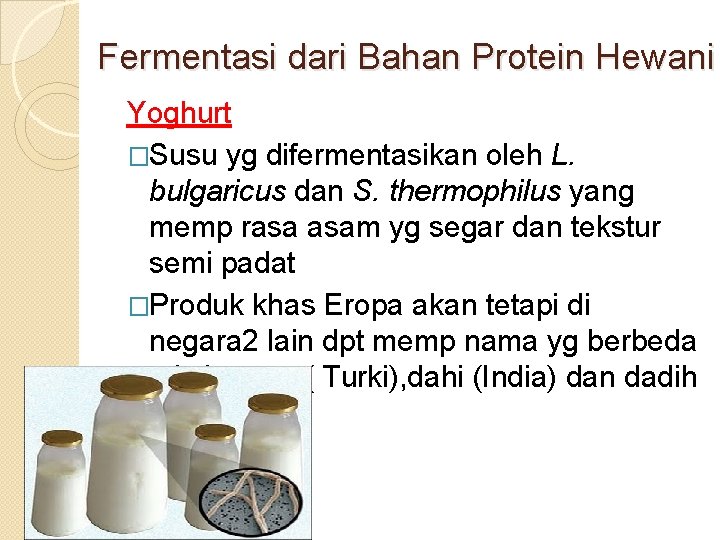Fermentasi dari Bahan Protein Hewani Yoghurt �Susu yg difermentasikan oleh L. bulgaricus dan S.