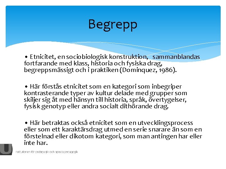 Begrepp • Etnicitet, en sociobiologisk konstruktion, sammanblandas fortfarande med klass, historia och fysiska drag,