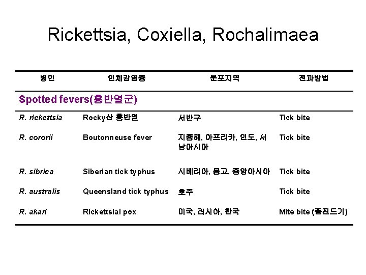 Rickettsia, Coxiella, Rochalimaea 병인 인체감염증 분포지역 전파방법 Spotted fevers(홍반열군) R. rickettsia Rocky산 홍반열 서반구