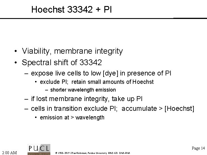 Hoechst 33342 + PI • Viability, membrane integrity • Spectral shift of 33342 –