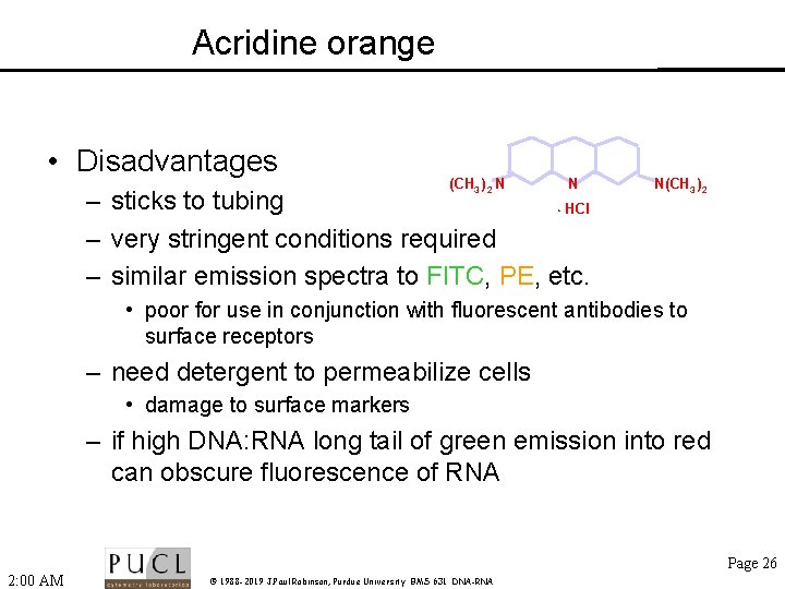 Acridine orange • Disadvantages (CH 3 )2 N N – sticks to tubing HCl