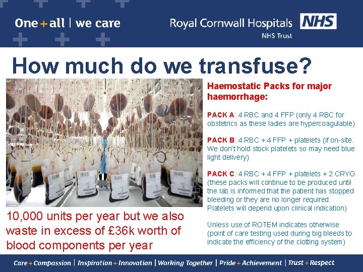 How much do we transfuse? Haemostatic Packs for major haemorrhage: PACK A: 4 RBC