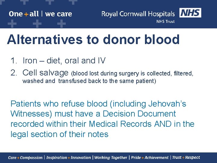 Alternatives to donor blood 1. Iron – diet, oral and IV 2. Cell salvage