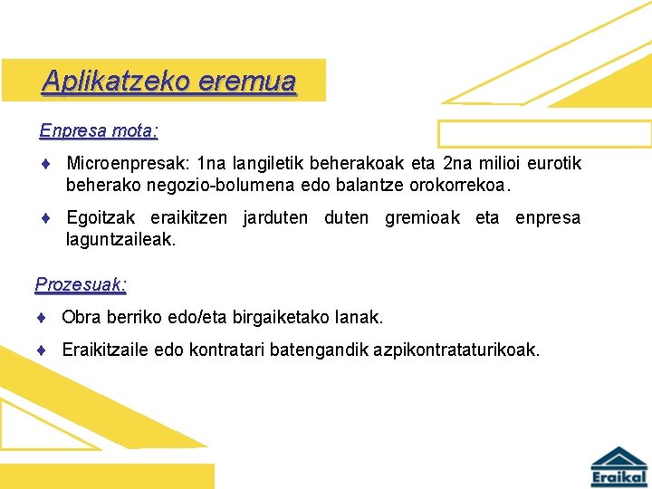 Aplikatzeko eremua Enpresa mota: ¨ Microenpresak: 1 na langiletik beherakoak eta 2 na milioi