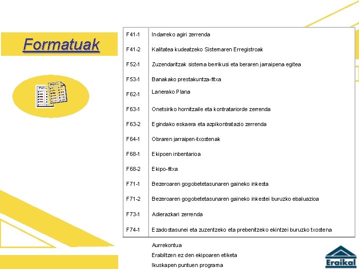 Formatuak F 41 -1 Indarreko agiri zerrenda F 41 -2 Kalitatea kudeatzeko Sistemaren Erregistroak