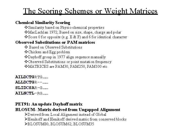 The Scoring Schemes or Weight Matrices Chemical Similarity Scoring v. Similarity based on Physio-chemical The Scoring Schemes or Weight Matrices Chemical Similarity Scoring v. Similarity based on Physio-chemical