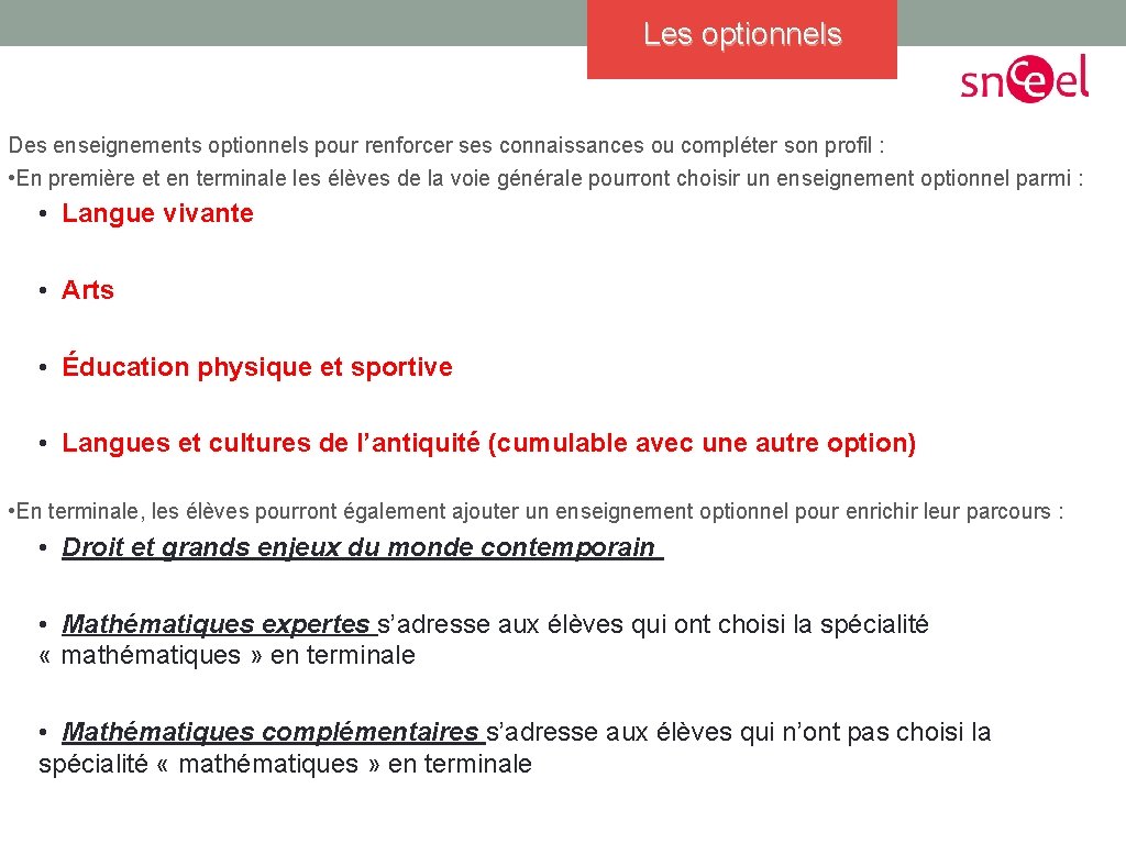 Les optionnels Des enseignements optionnels pour renforcer ses connaissances ou compléter son profil :