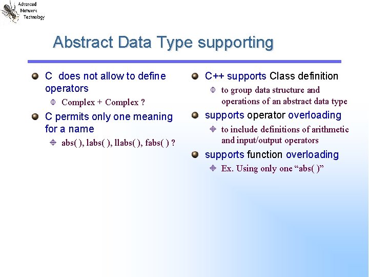 Abstract Data Type supporting C does not allow to define operators Complex + Complex