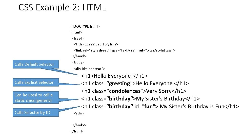 CSS Example 2: HTML Calls Default Selector Calls Explicit Selector Can be used to