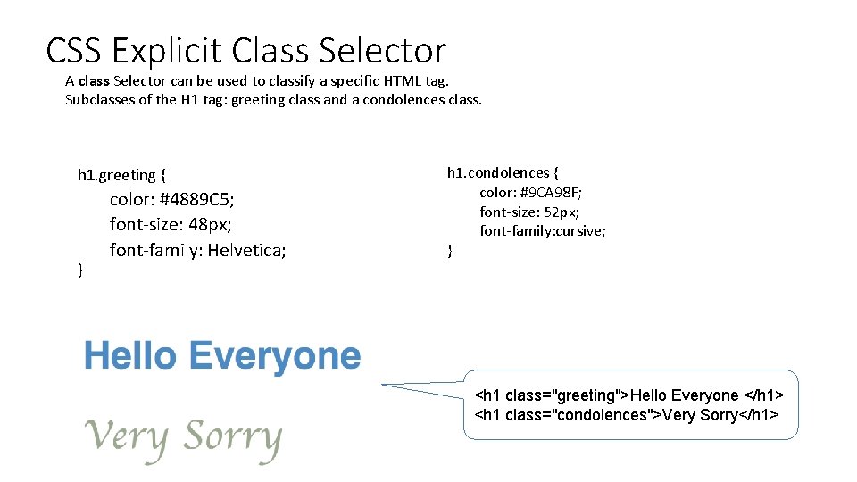 CSS Explicit Class Selector A class Selector can be used to classify a specific