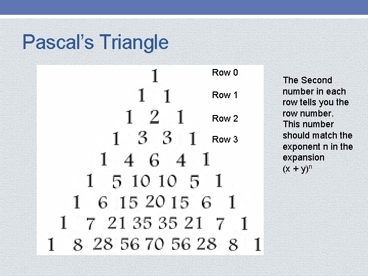Pascal’s Triangle Row 0 Row 1 Row 2 Row 3 The Second number in
