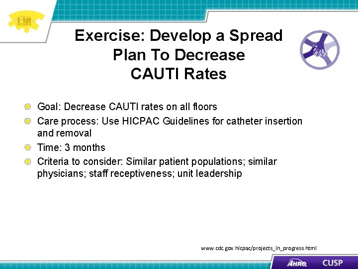 Exercise: Develop a Spread Plan To Decrease CAUTI Rates Goal: Decrease CAUTI rates on