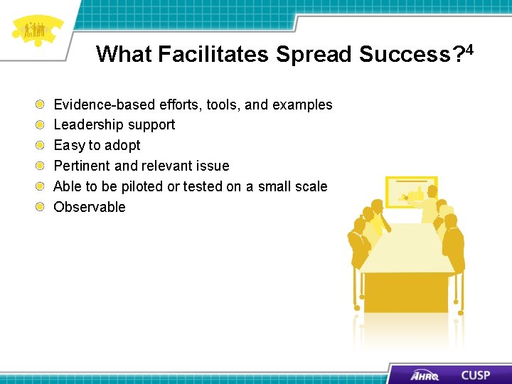 What Facilitates Spread Success? 4 Evidence-based efforts, tools, and examples Leadership support Easy to