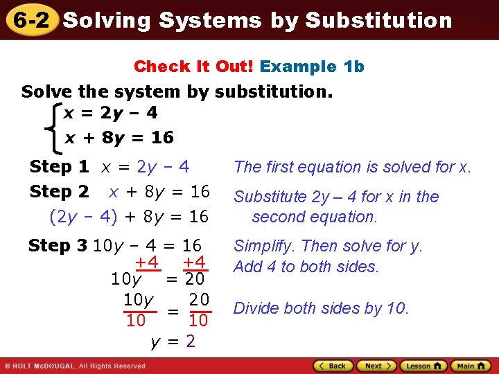 6 -2 Solving Systems by Substitution Check It Out! Example 1 b Solve the