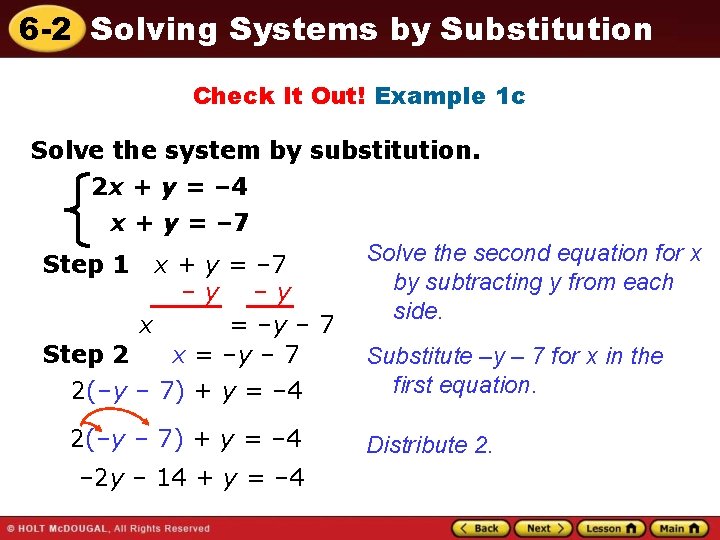 6 -2 Solving Systems by Substitution Check It Out! Example 1 c Solve the