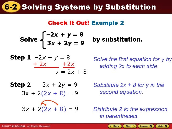 6 -2 Solving Systems by Substitution Check It Out! Example 2 Solve – 2