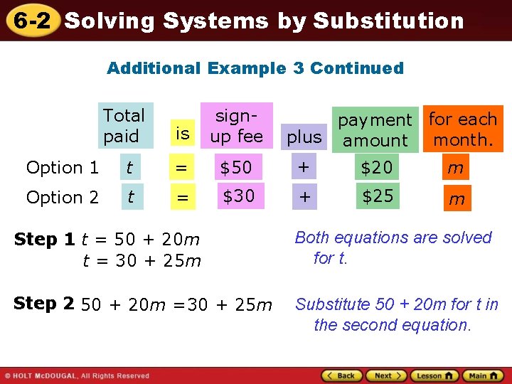 6 -2 Solving Systems by Substitution Additional Example 3 Continued Total paid is signup