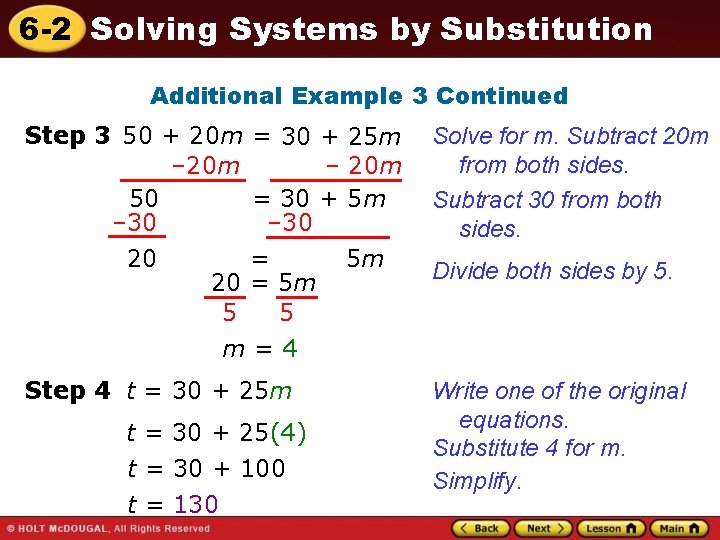 6 -2 Solving Systems by Substitution Additional Example 3 Continued Step 3 50 +
